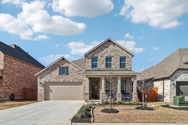 view of front of property featuring driveway, an attached garage, fence, a porch, and brick siding