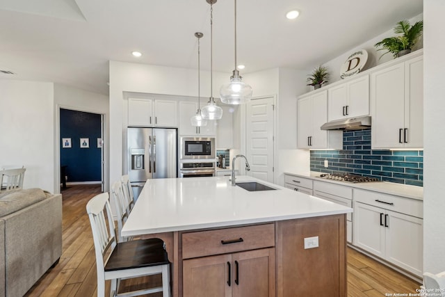 kitchen with under cabinet range hood, a sink, appliances with stainless steel finishes, light wood-type flooring, and backsplash