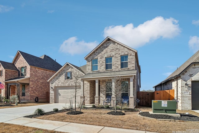 view of front facade with driveway, a garage, fence, and brick siding