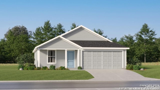 ranch-style house featuring a garage and a front yard