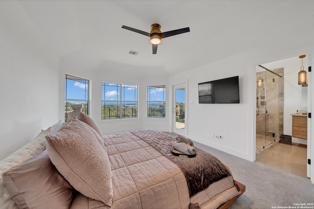 bedroom with ceiling fan, light colored carpet, access to exterior, and multiple windows