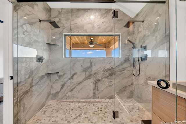 bathroom featuring a shower with door