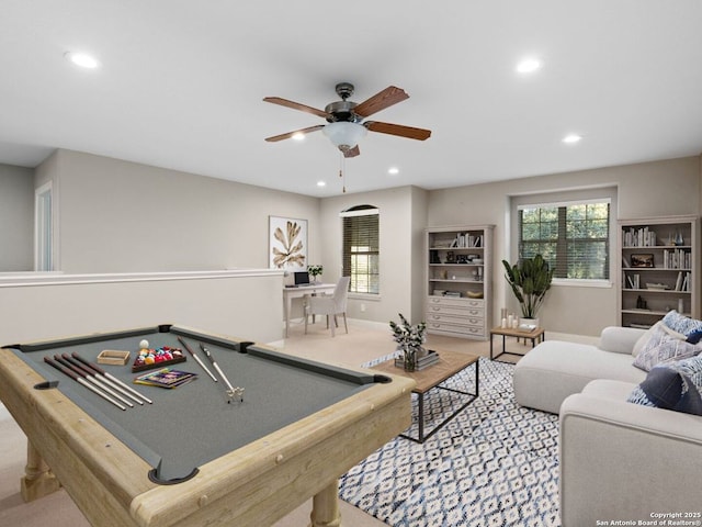 rec room featuring a wealth of natural light and ceiling fan