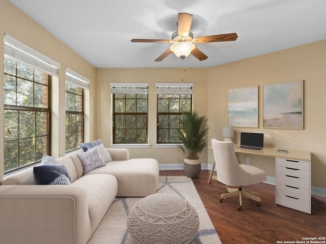 office area with ceiling fan and dark hardwood / wood-style floors