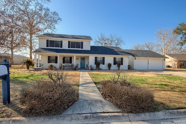 view of front of property with a garage, a porch, and a front lawn