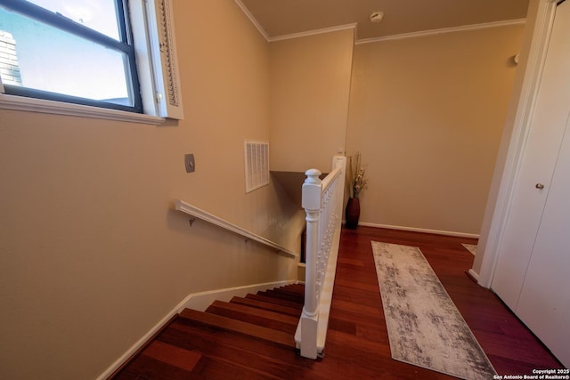 stairs featuring crown molding and hardwood / wood-style floors