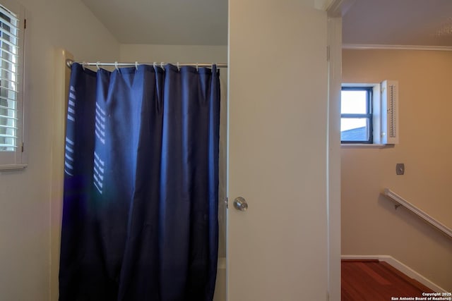 bathroom featuring hardwood / wood-style flooring and crown molding