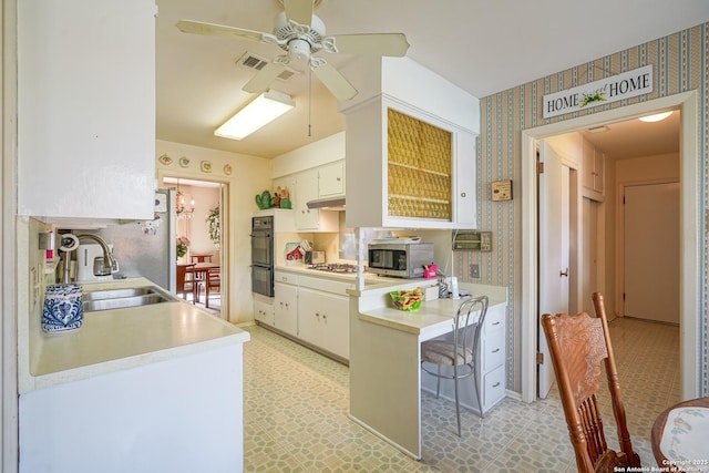 kitchen with appliances with stainless steel finishes, ceiling fan with notable chandelier, white cabinetry, sink, and a kitchen breakfast bar