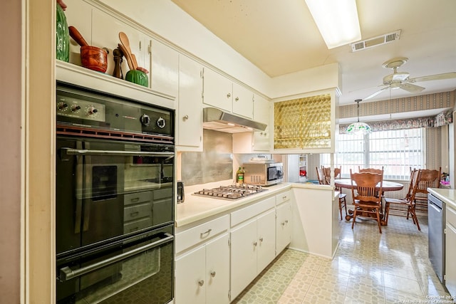 kitchen featuring stainless steel appliances, white cabinets, ceiling fan, and decorative light fixtures