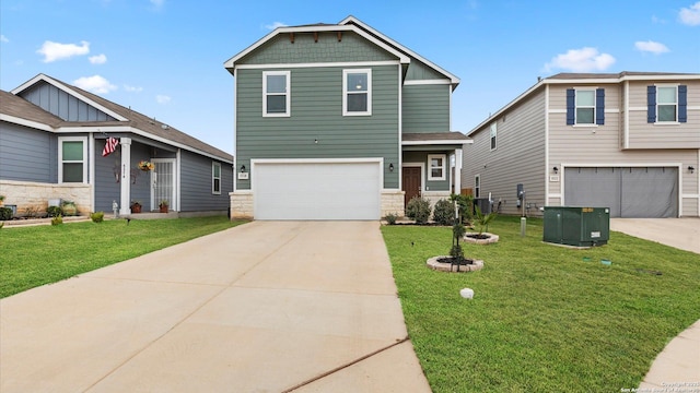 craftsman-style home featuring central AC unit, a garage, and a front yard