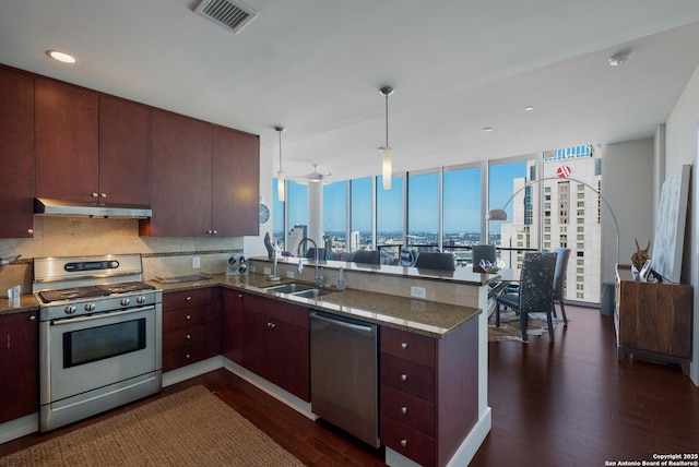 kitchen with floor to ceiling windows, sink, dark hardwood / wood-style flooring, kitchen peninsula, and stainless steel appliances