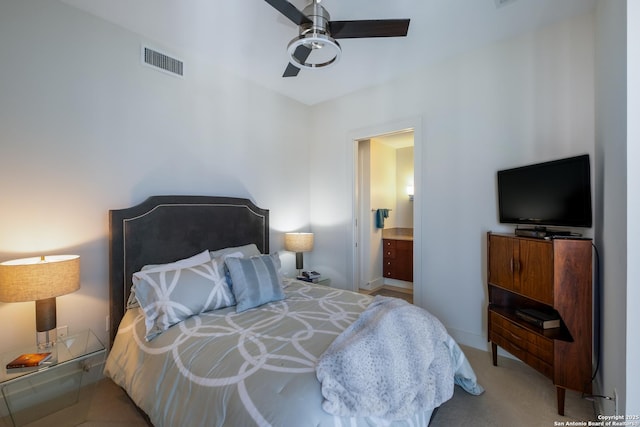 bedroom with light colored carpet and ceiling fan