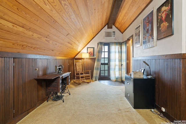 home office with light carpet, vaulted ceiling with beams, wooden ceiling, and wood walls