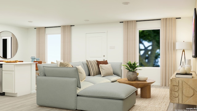 living room with light hardwood / wood-style flooring