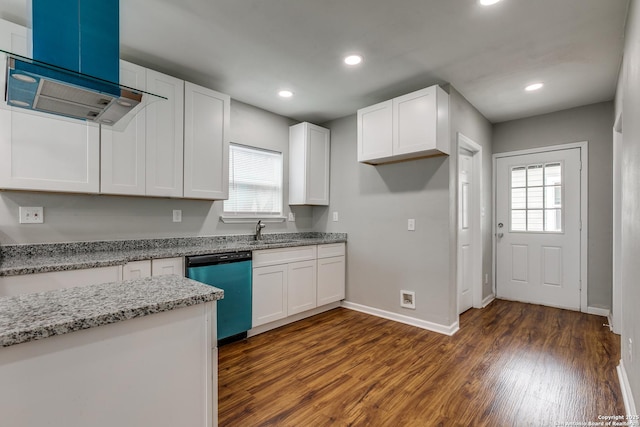 kitchen with dishwasher, light stone countertops, white cabinets, and dark hardwood / wood-style flooring