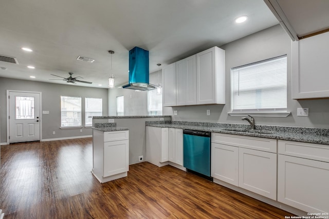 kitchen with white cabinetry, sink, dark wood-type flooring, and dishwasher