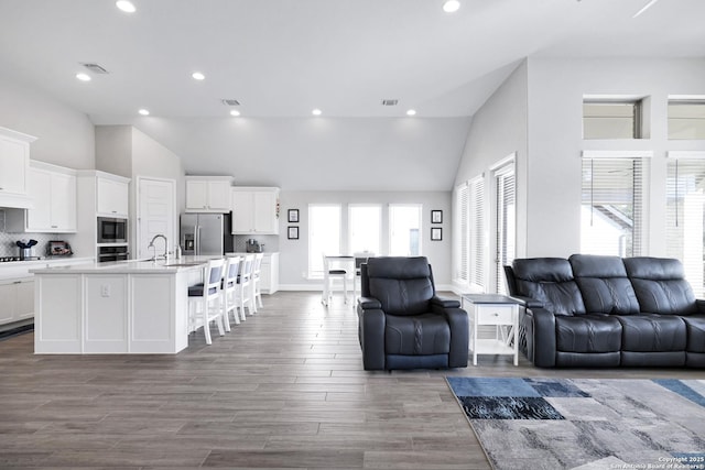 living room featuring wood-type flooring and high vaulted ceiling