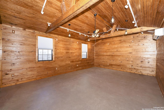 empty room featuring concrete flooring, wood ceiling, lofted ceiling with beams, an AC wall unit, and wooden walls