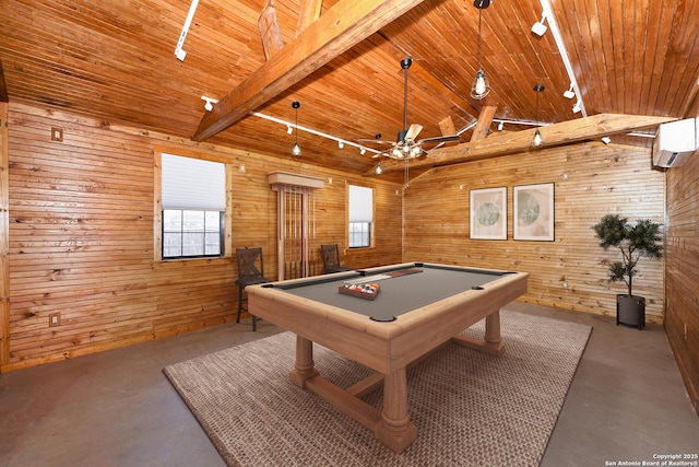 rec room featuring billiards, a wall mounted AC, lofted ceiling with beams, wooden ceiling, and wooden walls