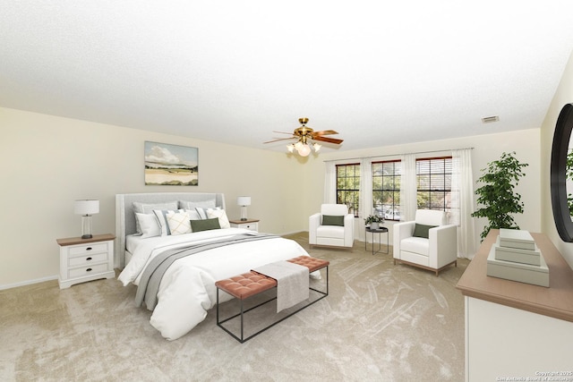 bedroom with light colored carpet and ceiling fan