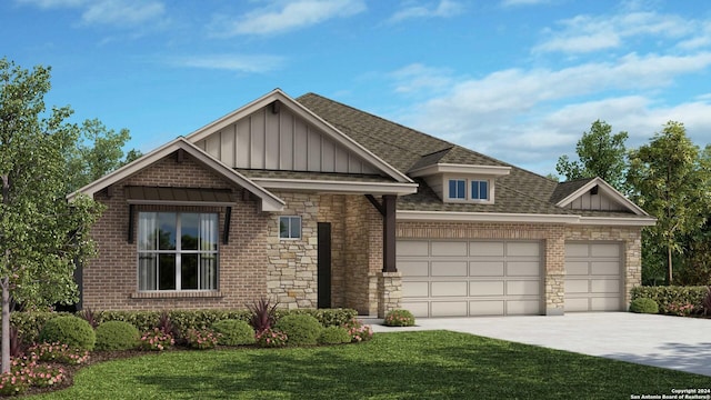 1218 Catnip, New Braunfels, TX 78132 - view of front of house featuring board and batten siding, a garage, concrete driveway, a front yard, and stone siding