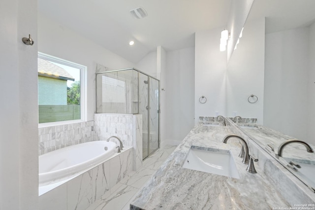 1218 Catnip, New Braunfels, TX 78132 - bathroom featuring a garden tub, a marble finish shower, double vanity, and marble finish flooring