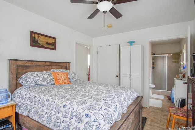 bedroom featuring ceiling fan, connected bathroom, and light tile patterned floors