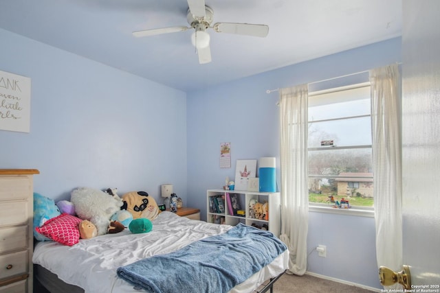 bedroom featuring carpet and ceiling fan