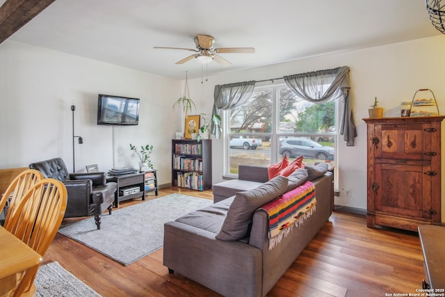 living room featuring wood-type flooring and ceiling fan