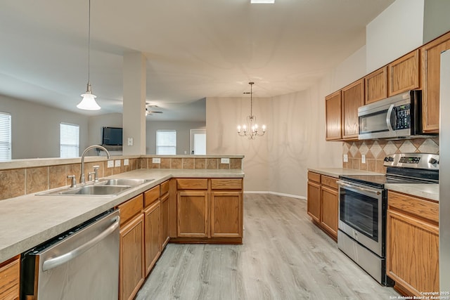 kitchen featuring decorative backsplash, appliances with stainless steel finishes, sink, and hanging light fixtures