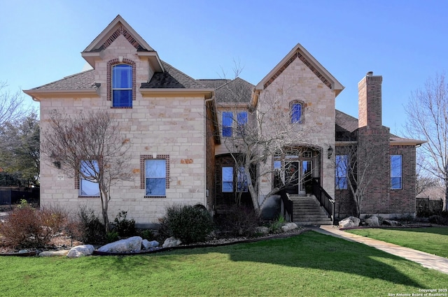 9014 Woodland Pass, Boerne, TX 78006 - french country inspired facade featuring a shingled roof, a chimney, a front yard, and stone siding