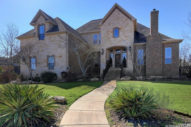9014 Woodland Pass, Boerne, TX 78006 - french country home featuring brick siding, a front yard, a chimney, and stone siding