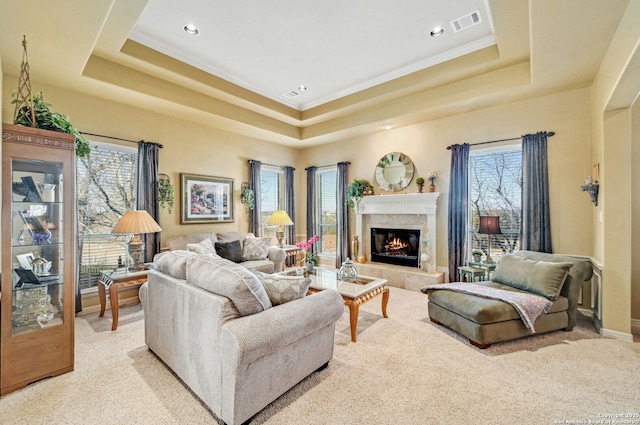 9014 Woodland Pass, Boerne, TX 78006 - living area with a wealth of natural light, a fireplace, a tray ceiling, and visible vents