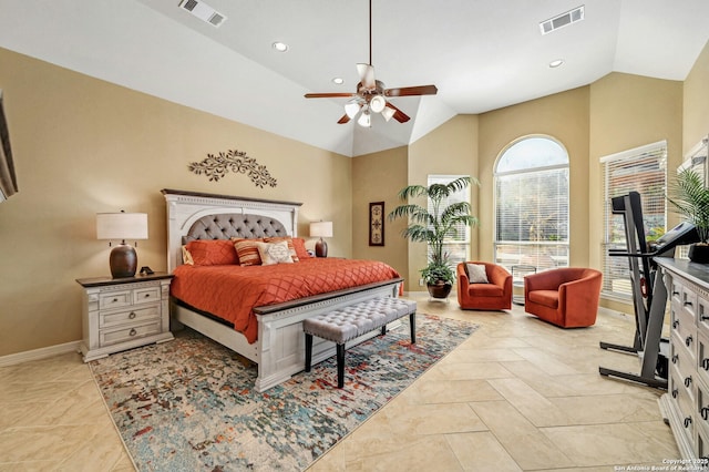 9014 Woodland Pass, Boerne, TX 78006 - bedroom with a ceiling fan, baseboards, visible vents, and lofted ceiling