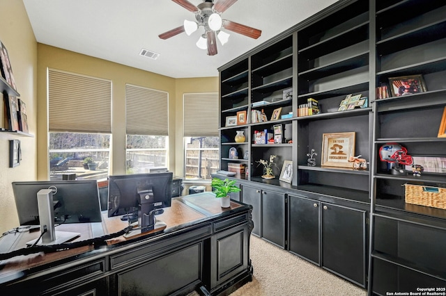 9014 Woodland Pass, Boerne, TX 78006 - office with visible vents, a ceiling fan, and light colored carpet