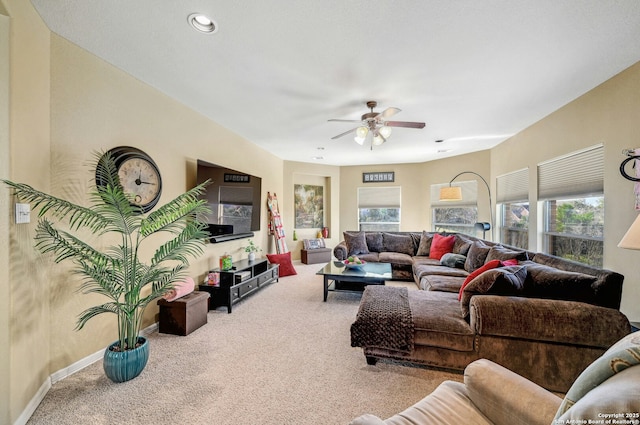 9014 Woodland Pass, Boerne, TX 78006 - living room with carpet flooring, recessed lighting, ceiling fan, and baseboards