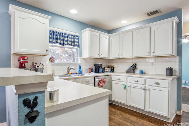 kitchen featuring sink, white cabinetry, dark hardwood / wood-style floors, kitchen peninsula, and backsplash