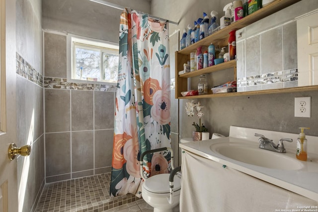 bathroom featuring vanity, tile patterned flooring, a shower with curtain, and toilet