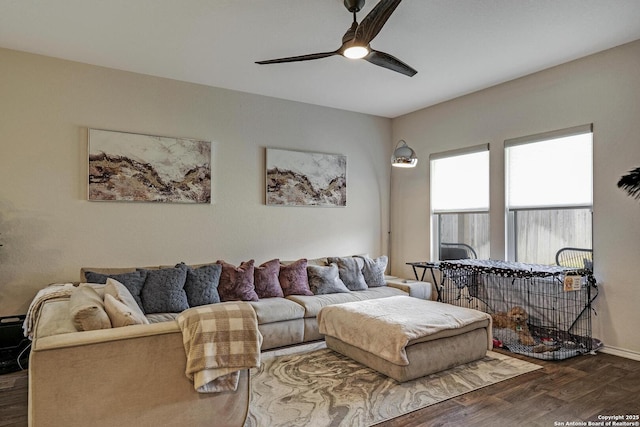 living room with ceiling fan and wood-type flooring