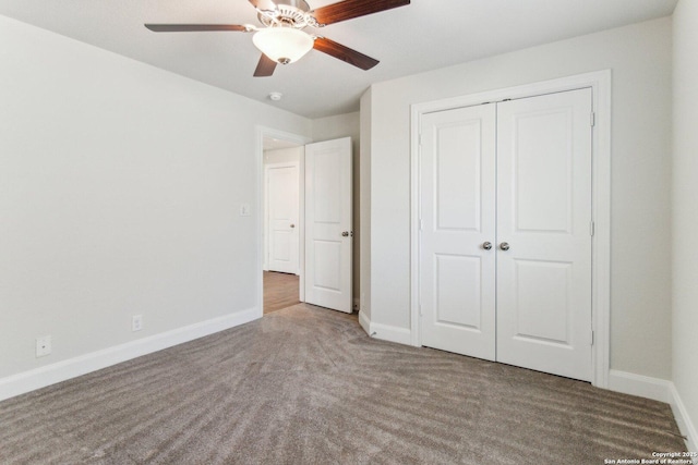 unfurnished bedroom featuring ceiling fan, carpet floors, and a closet