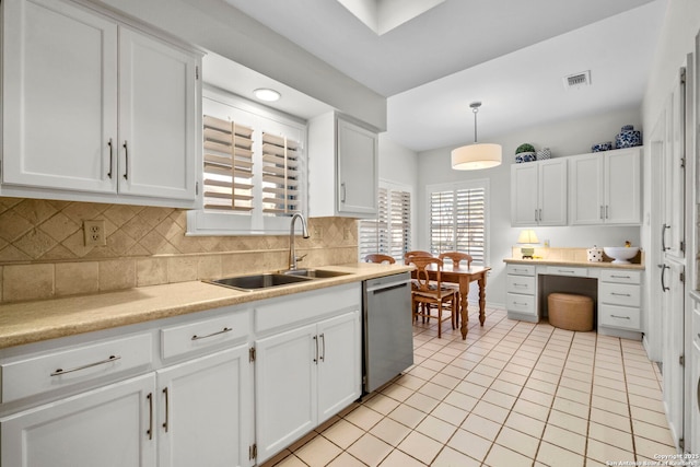 kitchen featuring sink, white cabinetry, backsplash, hanging light fixtures, and stainless steel dishwasher