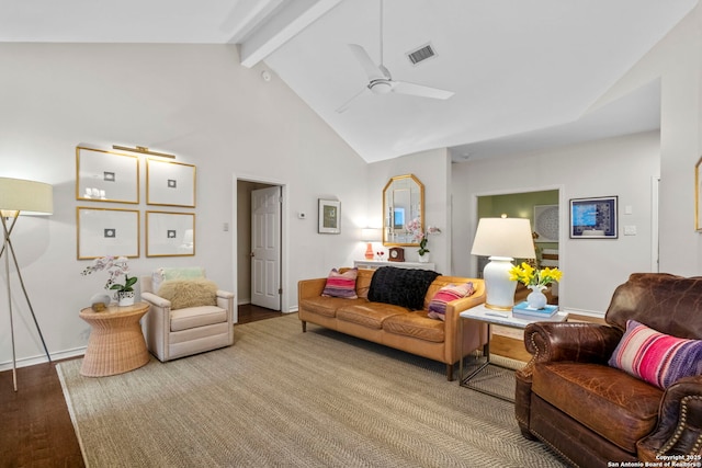 living room featuring beamed ceiling, high vaulted ceiling, hardwood / wood-style floors, and ceiling fan