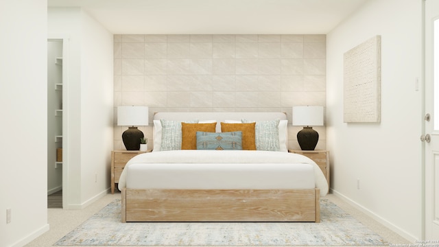 bedroom featuring carpet and tile walls