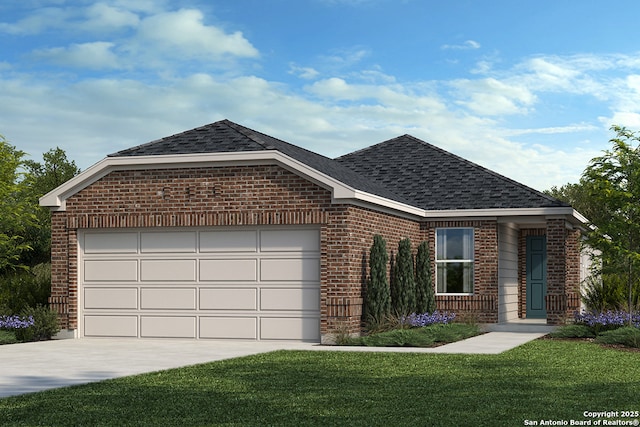 view of front of property with a garage and a front lawn