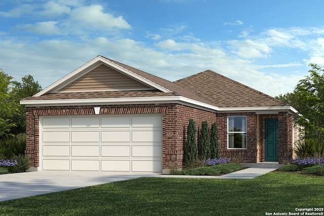 single story home featuring concrete driveway, a shingled roof, a front yard, a garage, and brick siding
