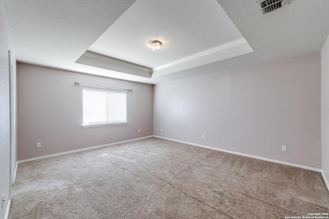 carpeted empty room featuring a tray ceiling, ornamental molding, and a textured ceiling