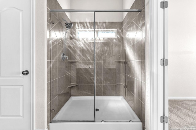 bathroom featuring a shower with shower door