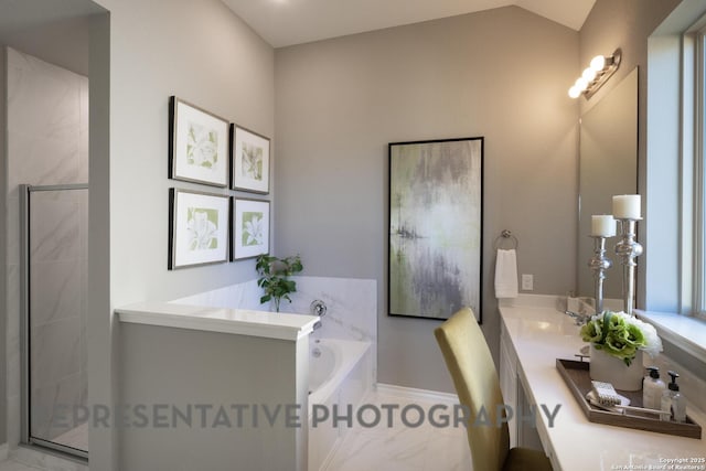 bathroom with vanity, plus walk in shower, and vaulted ceiling