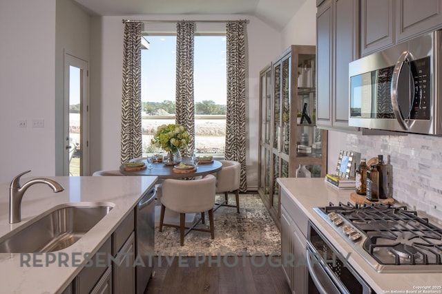 kitchen featuring sink, gray cabinetry, stainless steel appliances, tasteful backsplash, and dark hardwood / wood-style flooring