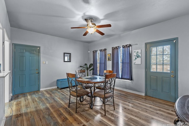 dining room featuring hardwood / wood-style flooring and ceiling fan